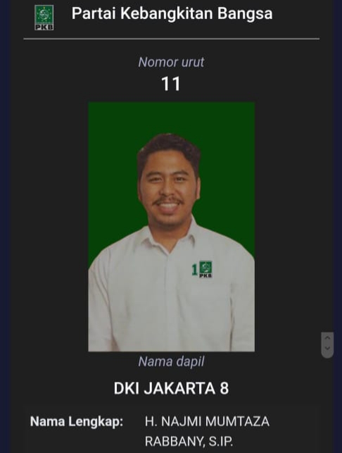 Najmi Mumtaza Rabbany alias Gus Najmi maju padq Pileg 2024 dari PKB untuk Dapil 8 DKI Jakarta./Ist