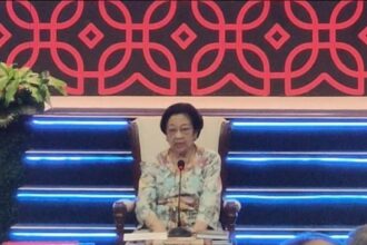 Megawati Soekarnoputri saat menyampaikan sambutan dalam acara peluncuran buku 'Pengantar Pemahaman Konsepsi Dasar Sekitar Hak atas Kekayaan Intelektual (HAKI)' di Badan Riset dan Inovasi Nasional (BRIN), Jakarta Pusat, Rabu (14/5/2025)./Ist