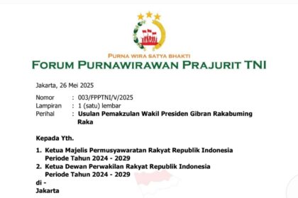 Surat resmi Forum Purnawirawan Prajurit TNI' perihal usulan pemakzulan Gibran Rakabuming Raka sebagai wakil presiden kepada MPR RI dan DPR RI./Ist