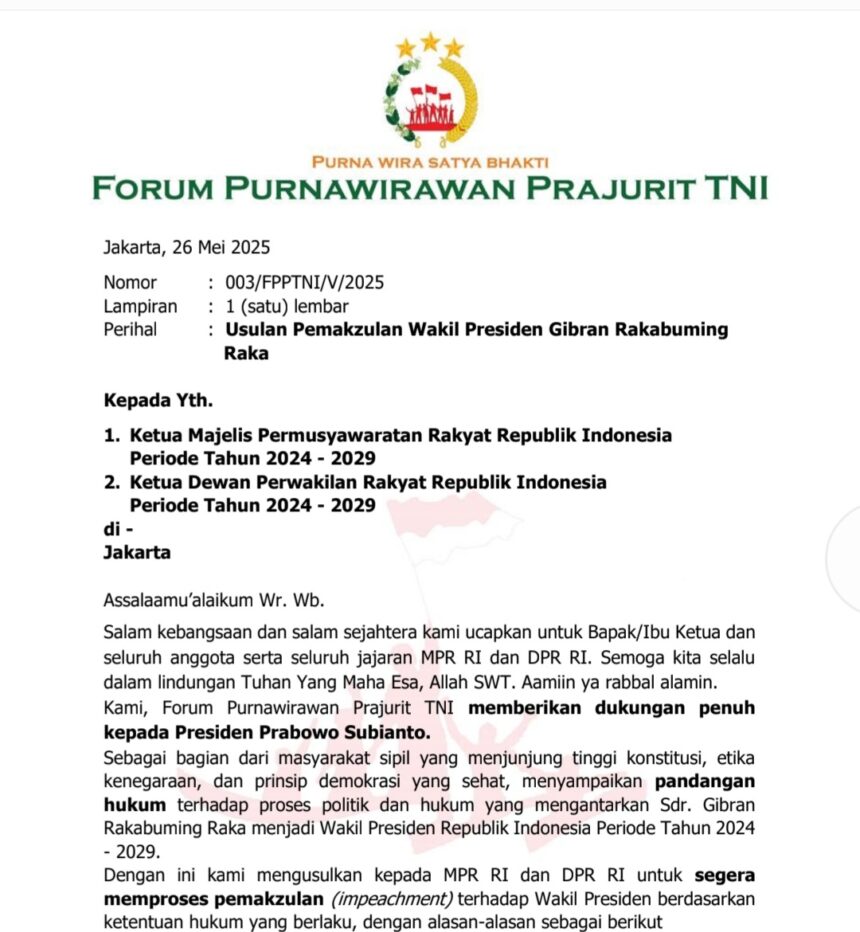 Surat resmi Forum Purnawirawan Prajurit TNI' perihal usulan pemakzulan Gibran Rakabuming Raka sebagai wakil presiden kepada MPR RI dan DPR RI./Ist