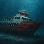 Ilustrasi bangkai kapal KMP Tunu Pratama Jaya yang tenggelam di Perairan Selat Bali, pada Rabu (2/7/2025) malam. Kapal itu ternyata membawa sekitar 538,8 ton muatan./Ist.by AI