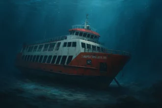 Ilustrasi bangkai kapal KMP Tunu Pratama Jaya yang tenggelam di Perairan Selat Bali, pada Rabu (2/7/2025) malam. Kapal itu ternyata membawa sekitar 538,8 ton muatan./Ist.by AI